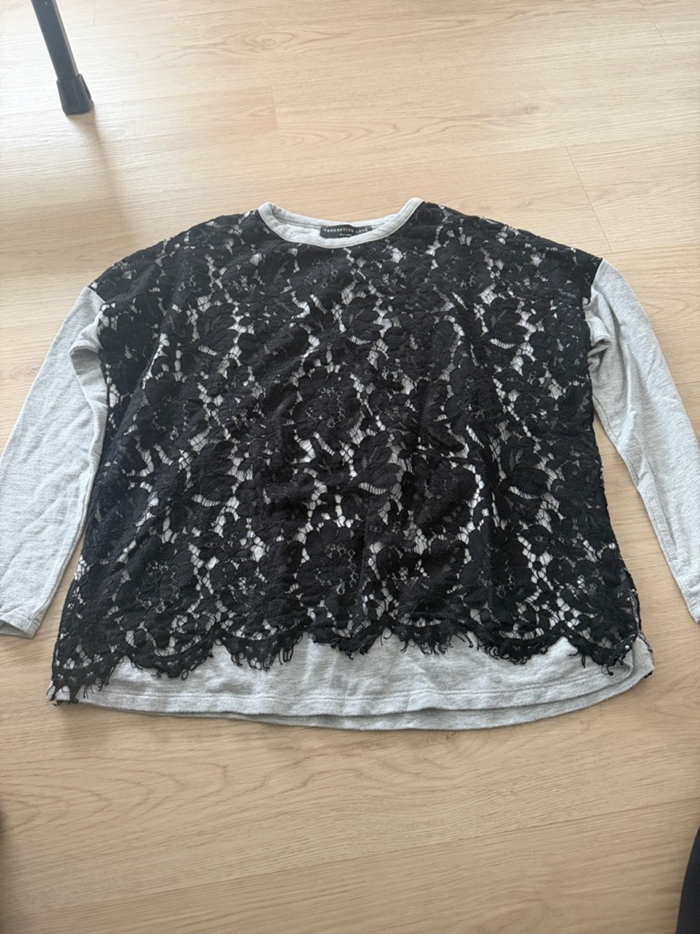 Generation Love Grey Long-Sleeve Top with Black Lace Overlay